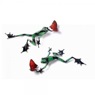 Two green and red frogs with black wings