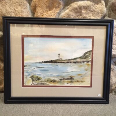 A painting of the ocean and a lighthouse.