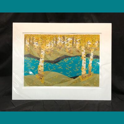 A painting of trees and water in the background.