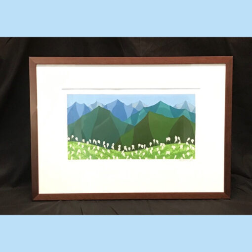 A painting of mountains with grass and flowers.