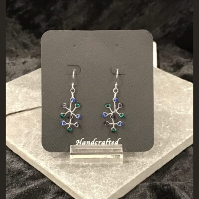 A pair of earrings hanging on a stand.