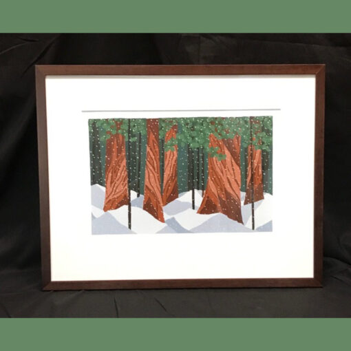 A painting of trees in the snow with brown frame