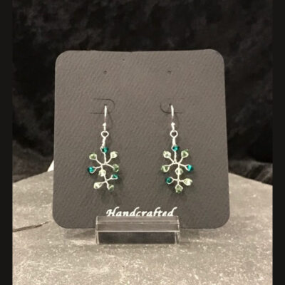 A pair of earrings hanging on a display card.