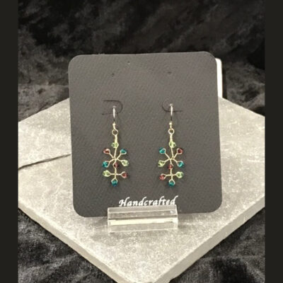 A pair of earrings hanging on a stand.
