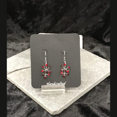 A pair of earrings sitting on top of a stand.