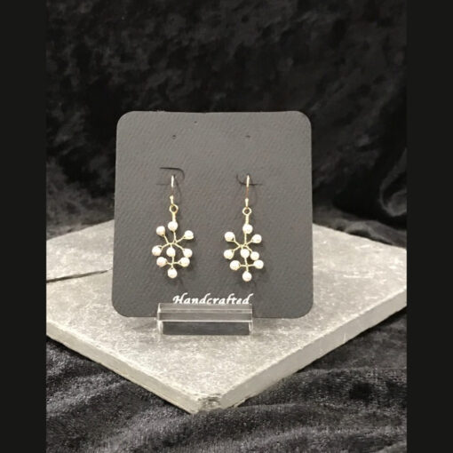 A pair of earrings hanging on top of a card.