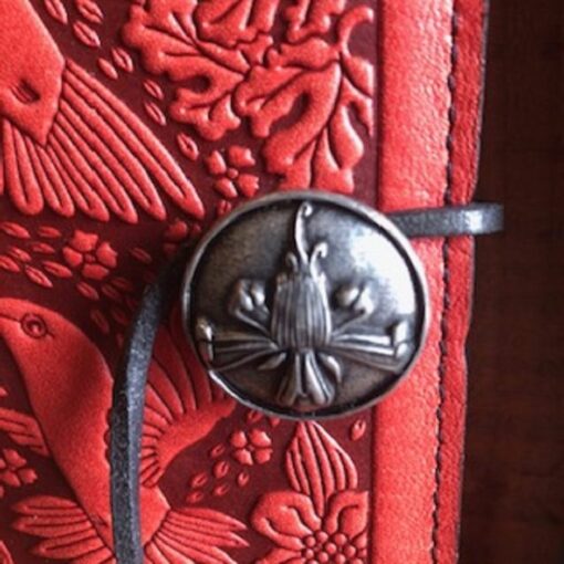 A close up of the metal button on a red book.