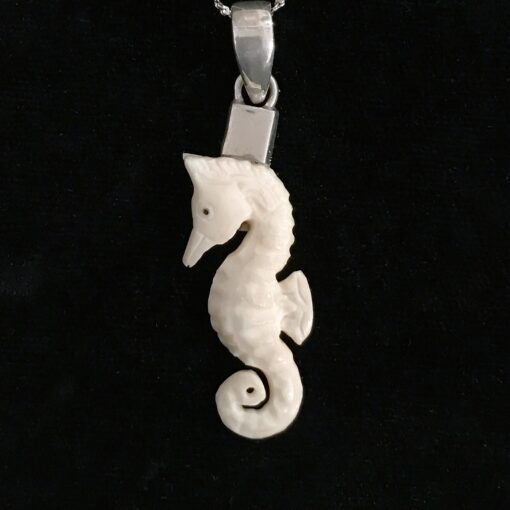 A white sea horse is shown on a silver chain.