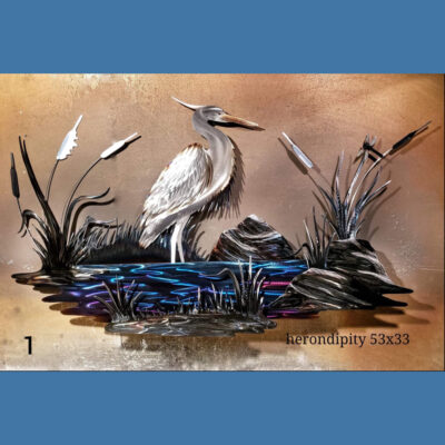 A metal wall hanging of an egret on water.