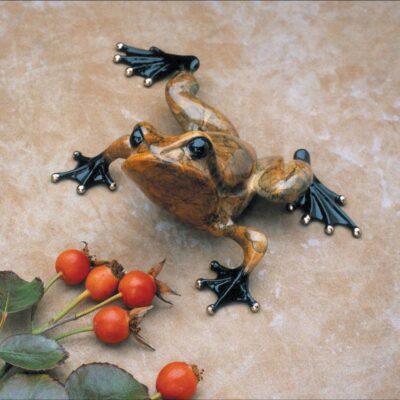 A frog with black spots and red eyes is sitting on the ground next to some berries.