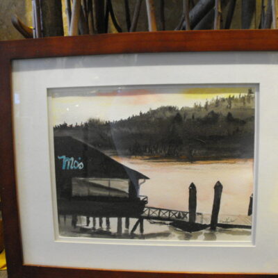 A painting of a dock with water in the background.