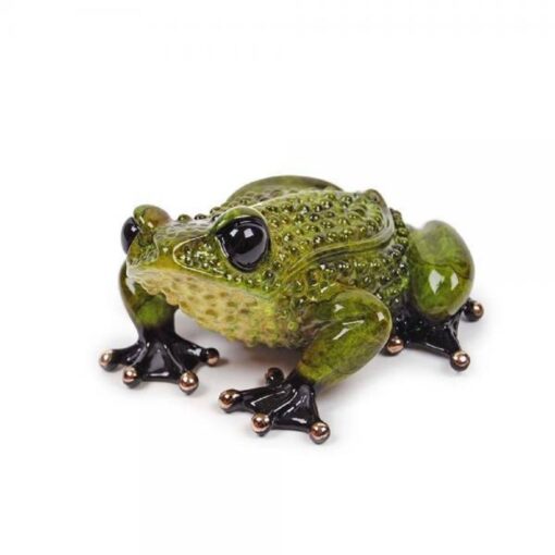 A green frog with black eyes and feet.