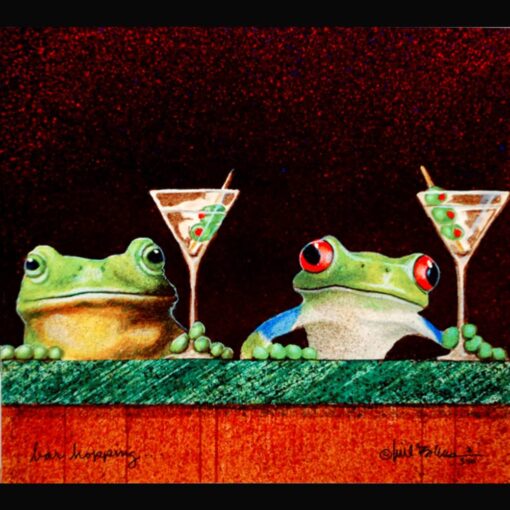 Two frogs are sitting next to a martini glass.