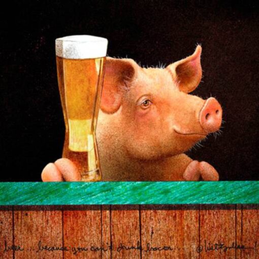 A pig with a glass of beer in it's mouth.