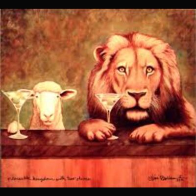 A painting of a lion and sheep drinking at a bar.