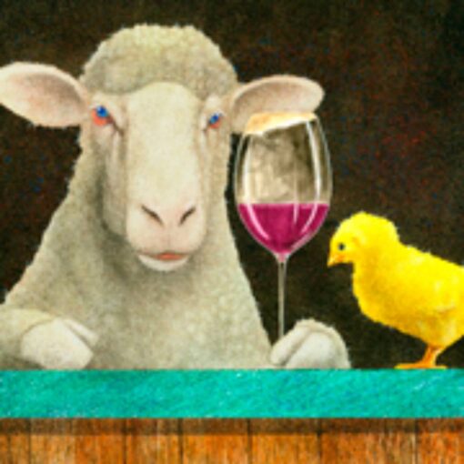 A sheep and a bird are sitting at the table.