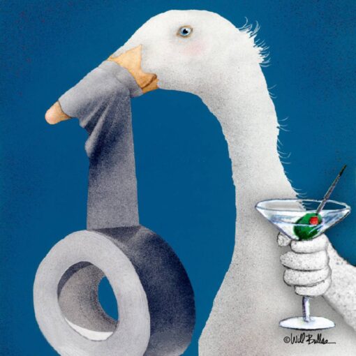A goose holding a martini glass and paper tape.