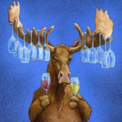 A moose with glasses of wine in his hands.