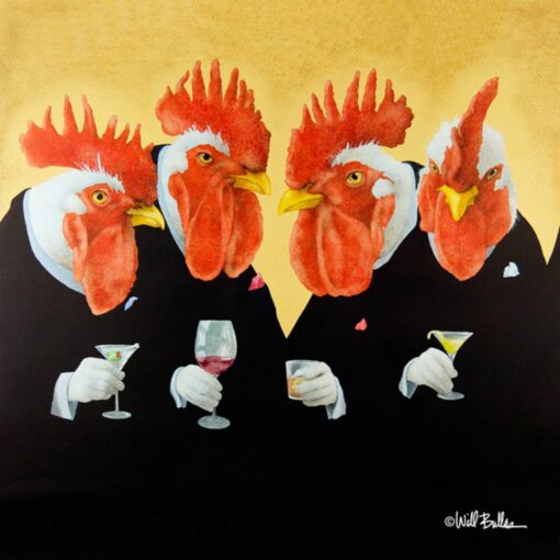 Four roosters are drinking wine in a group.