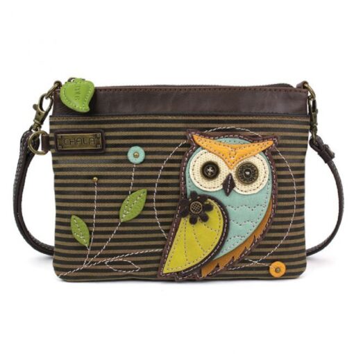 A brown and green owl purse with buttons.