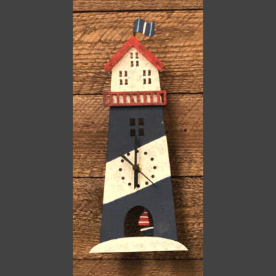 A lighthouse clock with a red and white stripe on it.