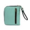 A light blue purse with black trim and a wrist strap.