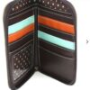 A brown wallet with multiple compartments and two different colors.