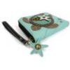 A blue wallet with a star and horseshoe on it.