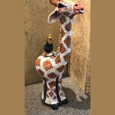 A giraffe holding a bottle of wine in its mouth.
