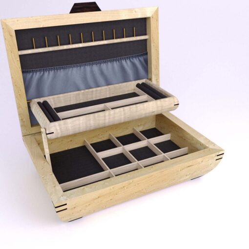 A wooden box with compartments for jewelry and other items.