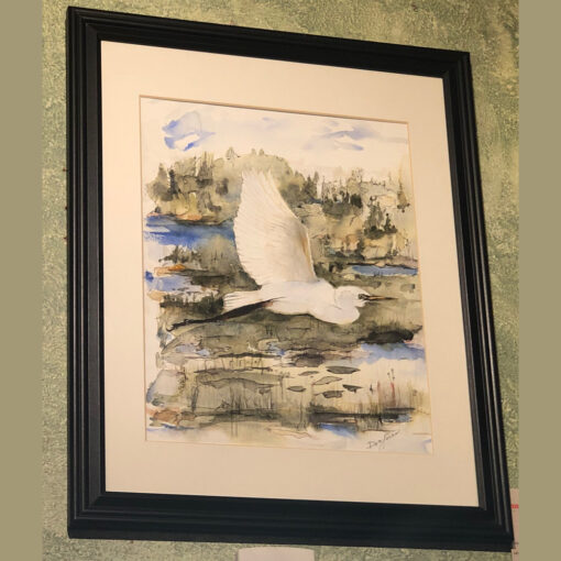 A painting of a bird flying over water.