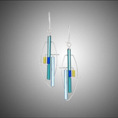 A pair of earrings with blue and yellow bars.
