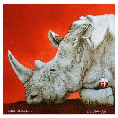 A painting of a rhino with its head down.