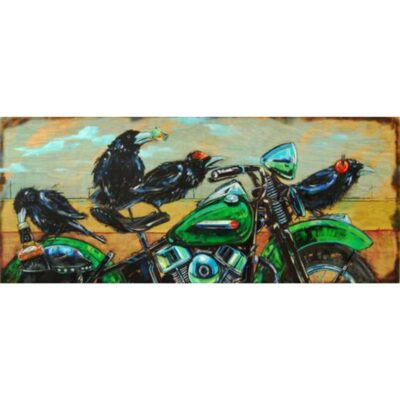 A painting of a motorcycle and birds on it.