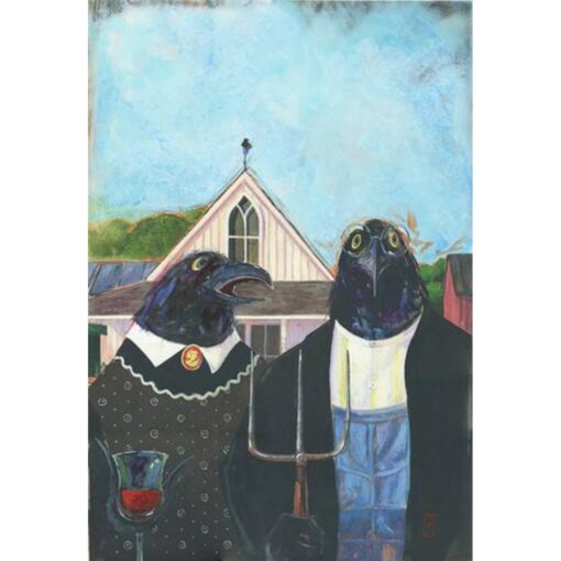 A painting of two birds standing next to each other.