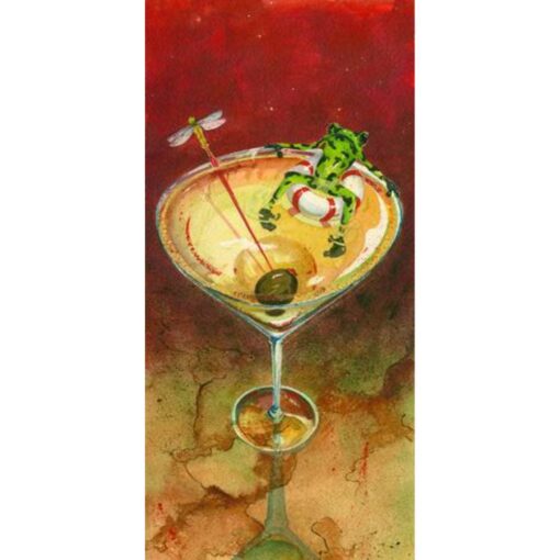 A painting of a green lizard in a martini glass