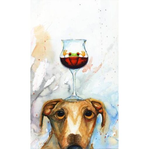 A dog with a glass of wine on its head.