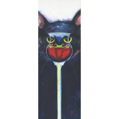 A painting of a cat with a glass in it's mouth.