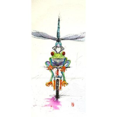 A frog on the front of a bicycle with a dragonfly attached to it.