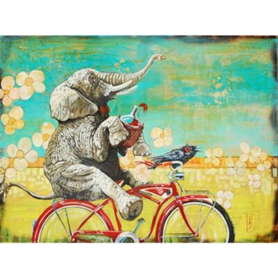 A painting of an elephant riding on a bicycle.