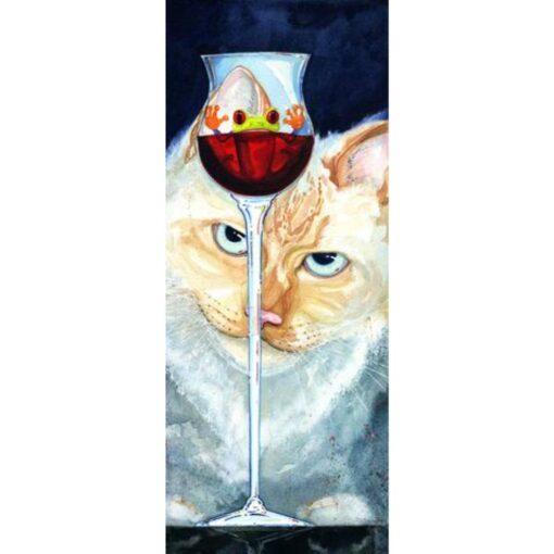 A painting of a cat and a glass of wine