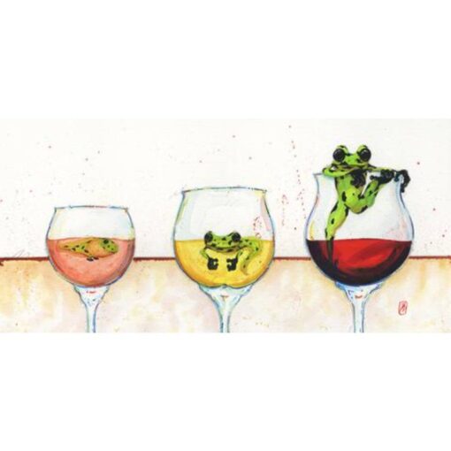 A painting of three glasses with different wines in them.