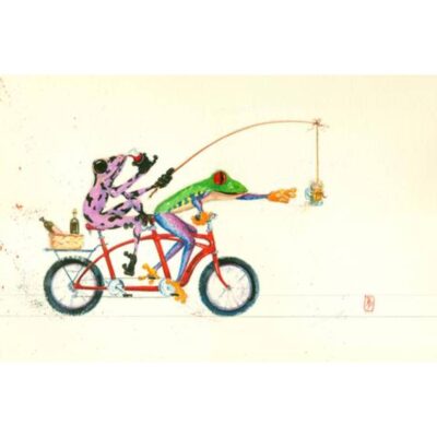A bicycle with two people on it and fishing rod.