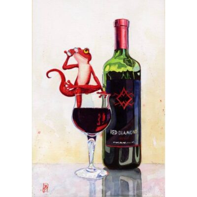 A painting of a wine glass and bottle