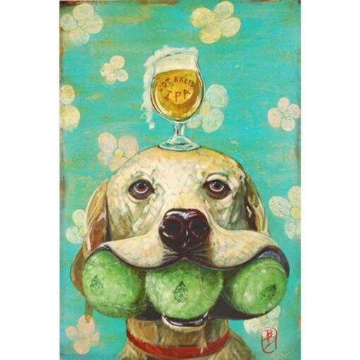 A painting of a dog with a glass on its head