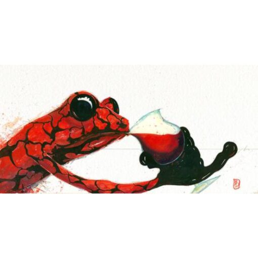 A red frog and black cat drinking from cups.