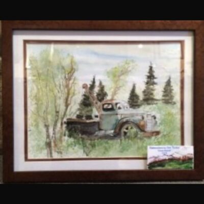 A painting of an old truck in the woods