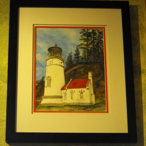 A painting of a lighthouse in the woods.