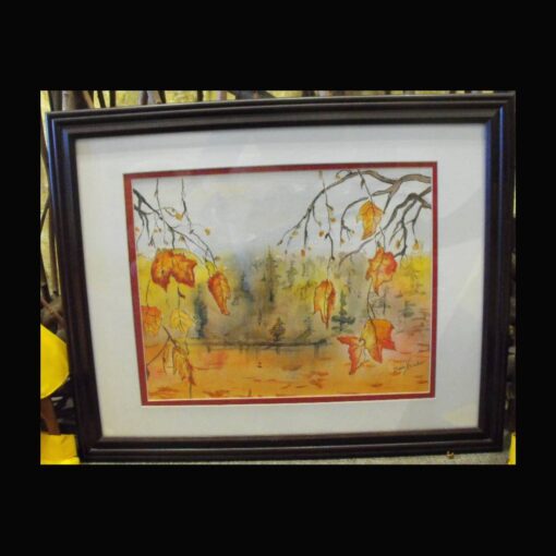 A painting of trees and bushes in the background.