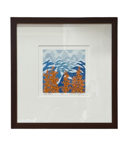 Framed print: orange trees, snowy mountains.